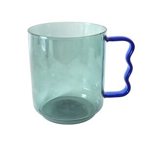 room essentials‎ green glass coffee mug 15 oz blue handle retired collectible
